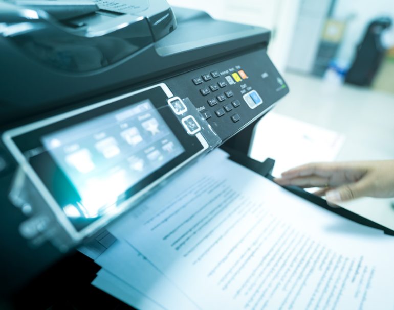 Office,Worker,Print,Paper,On,Multifunction,Laser,Printer.,Copy,,Print,